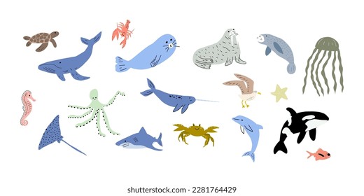 Sea animals. Cute aquatic fish, turtle, whale, narwhal, dolphin, octopus, starfish, crab, jellyfish, seal and other. Kids vector illustration.