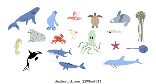Sea animals. Cute aquatic fish, turtle, whale, narwhal, dolphin, octopus, starfish, crab, jellyfish, seal and other. Kids vector illustration.