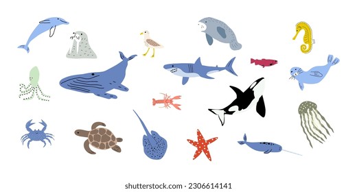 Animales marinos. Pescado acuático, tortuga, ballena, narwhal, delfín, pulpo, pez estrella, cangrejo, medusa, foca y otros. Ilustración vectorial infantil.