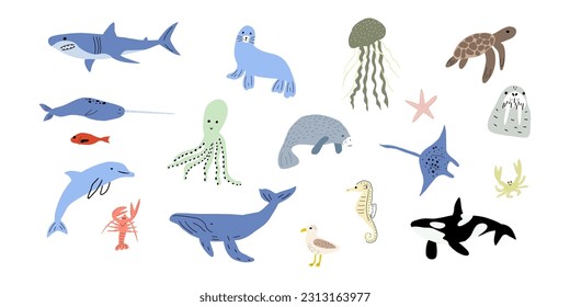 Sea animals. Cute aquatic fish, turtle, whale, narwhal, dolphin, octopus, starfish, crab, jellyfish, seal and other. Kids vector illustration.