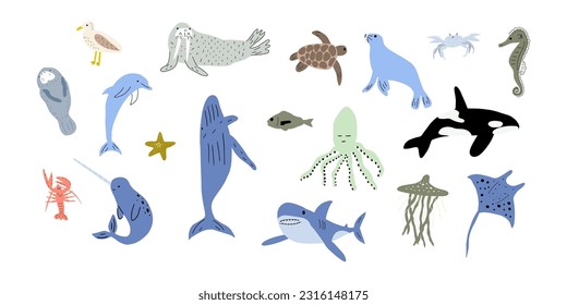 Sea animals. Cute aquatic fish, turtle, whale, narwhal, dolphin, octopus, starfish, crab, jellyfish, seal and other. Kids vector illustration.