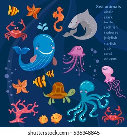 Sea animals cute collection octopus, fish, whale, jellyfish, turtle, crab cartoon 