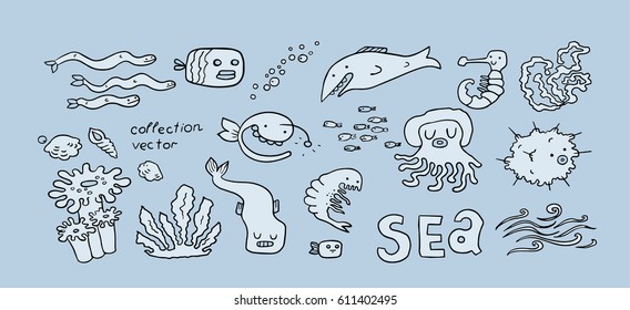 Sea animals cute collection seahorse, fish, echinus, jellyfish, shrimp, corals, reef, shells, shark cartoon flat vector illustration
