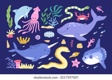 Sea animals, cute funny marine set. Underwater fishes, algae, corals. Ocean fauna. Happy dolphin, octopus, whale, narwhal, eel and seashell. Kawaii water characters. Isolated flat vector illustrations