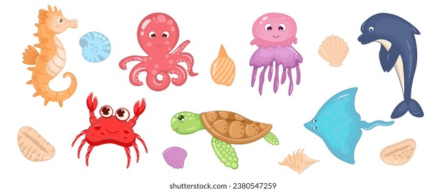 Animales marinos adorables aislados de fondo blanco. Ilustración vectorial del pulpo, la estingray, medusas, cangrejo, delfín, caballito de mar, tortuga, conchas marinas. Estilo de caricatura para los niños. Vida marina, mundo marino.