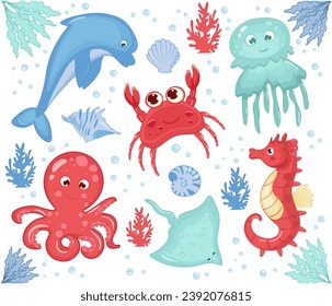 Sea animals cute set isolated on white background. Vector illustration of octopus, stingray, jellyfish, crab, dolphin, seahorse, turtle, seashells. Cartoon style for children. Marine life, sea world.