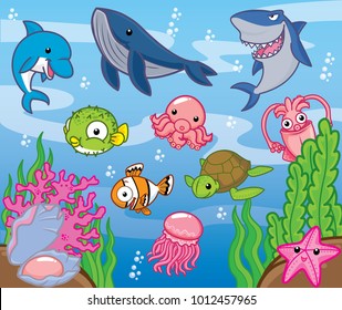 Sea animals, cute vector