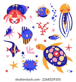 Sea animals for design. Vector cute fish in bright colors. Turtle, jellyfish, seahorse and fish are sleeping.erwater animals 