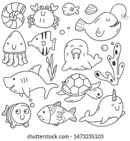 Sea animals doodle kawaii line art