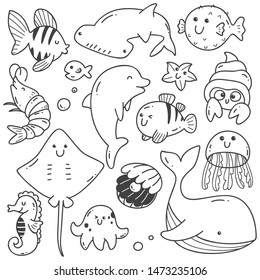 Sea animals doodle kawaii line art