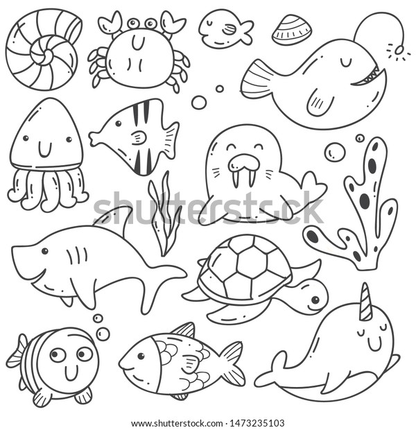 Sea Animals Doodle Kawaii Line Art Stock Vector (Royalty Free) 1473235103