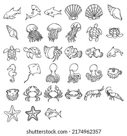 Sea Animals Doodle vector icon set. Drawing sketch illustration hand drawn line.
