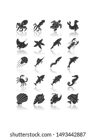 Sea animals drop shadow black glyph icons set. Turtle, jellyfish, lobster, skate, butterflyfish. Swimming fish. Underwater wildlife. Ocean inhabitants. Aquatic creatures. Isolated vector illustrations