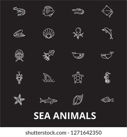 Sea animals editable line icons vector set on black background. Sea animals white outline illustrations, signs, symbols