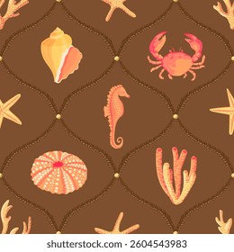 Sea animals endless pattern. Sea urchin, seahorse, starfish, shells, corals texture