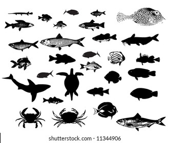 Sea animals fish crab shark silhouettes set