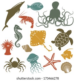 sea animals and fish icons - vector illustration