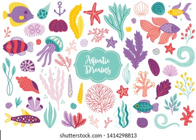 Sea animals - fish, jellyfish, seaweed, starfish, shell, corals, polyp isolated on white background. Perfect for summer decoratiobs. greeting cards