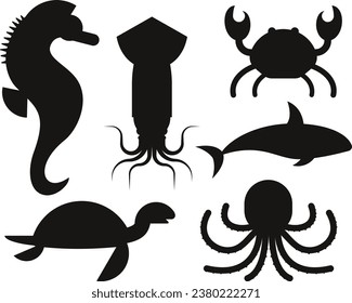 Sea animals and Fish silhouette flat vector