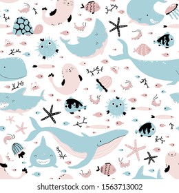 Sea animals and fish. Vector seamless pattern in simple cartoon hand-drawn style. Childish Scandinavian illustration is ideal for printing on textiles, fabrics, clothes, wrapping paper.