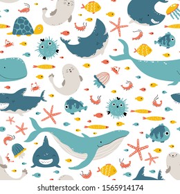 Sea animals and fish. Vector seamless pattern in simple cartoon hand-drawn style. Childish Scandinavian illustration is ideal for printing on textiles, fabrics, clothes, wrapping paper.