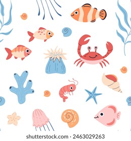 Sea animals, fish, whale, jellyfish, shell, coral and seaweed, crab, starfish. Seamless pattern of hand drawn sea life creatures and elements. Vector doodle cartoon set of marine life objects.