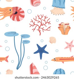 Sea animals, fish, whale, jellyfish, shell, coral and seaweed, crab, starfish. Seamless pattern of hand drawn sea life creatures and elements. Vector doodle cartoon set of marine life objects.