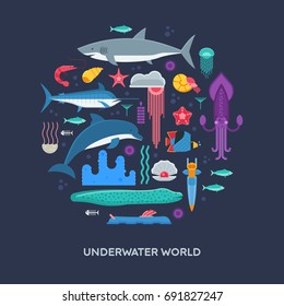 Sea animals and fishes concept background stylized in circle. Ocean and marine creatures and other aquatic life collection. Concept card or hero image with underwater inhabitants. Vector illustration.