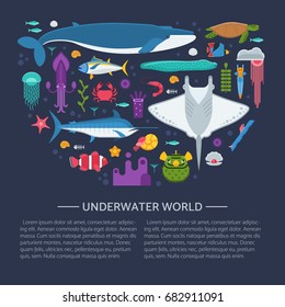 Sea animals and fishes concept banner stylized in circle. Ocean and marine creatures and other aquatic life background. Concept card or hero image with underwater inhabitants. Vector illustration.