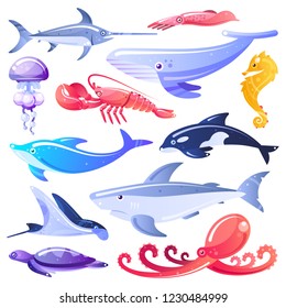 Sea animals and fishes vector cartoon illustration. Marine life design elements. Ocean dwellers isolated on white background.