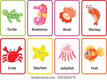 sea animals flash cards  hand draw cute vector set memory game