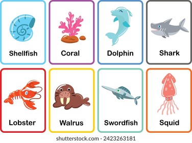 sea animals flash cards  hand draw cute vector set memory game