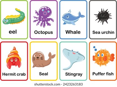 sea animals flash cards  hand draw cute vector set memory game