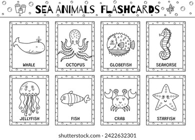 Sea animals flashcards black and white collection for kids. Flash cards set with cute water characters for coloring in outline. Whale, octopus, jellyfish and more. Vector illustration