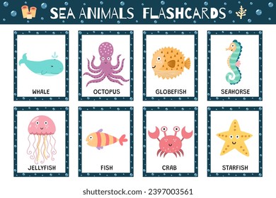 Sea animals flashcards collection for kids. Flash cards set with cute water characters for practicing reading skills. Whale, octopus, jellyfish and more. Vector illustration