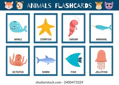 Sea animals flashcards collection for kids. Flash cards set with cute characters for practicing reading skills. Whale, shrimp, fish and more. Vector illustration