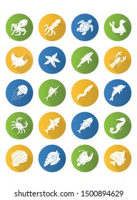 Sea animals flat design long shadow glyph icons set. Turtle, jellyfish, lobster. Swimming mollusk and fish. Underwater wildlife. Ocean inhabitants. Aquatic creatures. Vector silhouette illustration