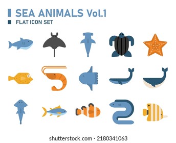 Sea animals flat icon set. Sea animals icon.