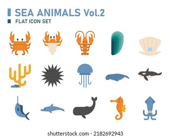 Sea animals flat icon set. Sea animals icon.