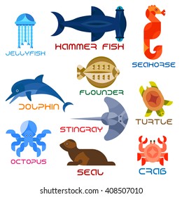 Sea animals flat icons with crab, dolphin, turtle, octopus, jellyfish, hammer fish, bright red seahorse, common seal, stingray and flounder. Water mammals, fish, reptiles and invertebrates