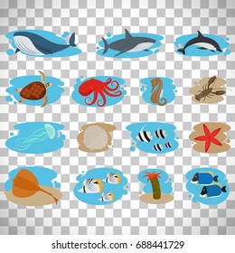 Sea animals flat icons set isolated on transparent background, vector illustration