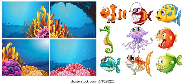 Sea animals and four scenes underwater illustration