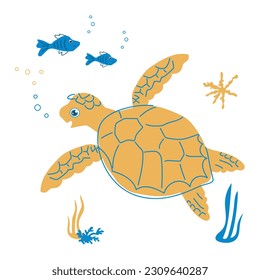 Sea animals funny turtle and fish underwater on a white background. Vector illustration for background, decoration, postcards, print, nursery