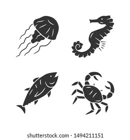 Sea Animals Glyph Icons Set. Swimming Tuna, Crab, Seahorse, Jellyfish. Seafood Restaurant Menu. Marine Fauna. Undersea World Inhabitants. Silhouette Symbols. Vector Isolated Illustration