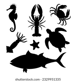 Sea animals graphic icon set. Aquatic life silhouettes isolated on white background. Sea life symbols. Vector illustration