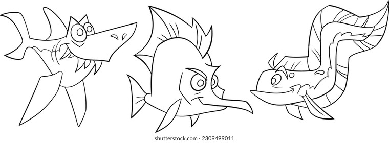 Sea animals group coloring page. Ocean fish, octopus, dolphin, shark, whale, turtle and crab. Doodle style. Outline vector illustration for coloring book. Vector sheet icon.