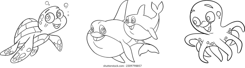 Sea animals group coloring page. Ocean fish, octopus, dolphin, shark, whale, turtle and crab. Doodle style. Outline vector illustration for coloring book. Vector sheet icon.