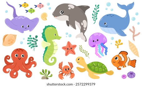 Sea animals. Hand draw sea life elements, shells, corals, seaweed. Kawaii sea life character elements. Marine life cartoon vector illustration isolated on white background