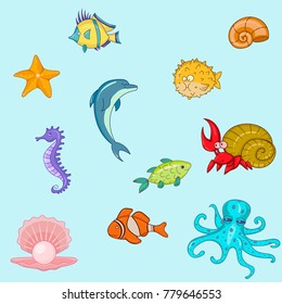 Sea animals hand drawn cartoon illustration