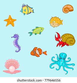 Sea animals hand drawn cartoon illustration